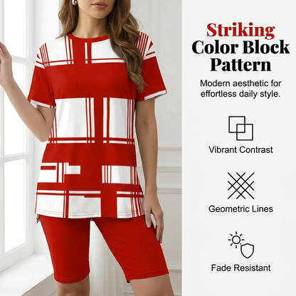 Women's Contrast Print Short-Sleeve Top and Shorts Set