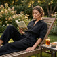Női, félhosszú ujjú, széles szárú jumpsuit