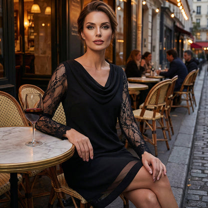 Elegáns, magasított nyakú, A-vonalú ruha csipkeujjakkal