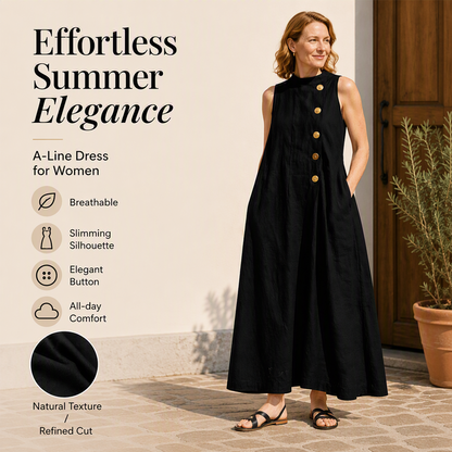 👗 Női elegáns, ujjatlan, gombos maxiruha