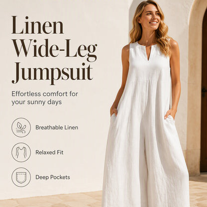 Női ujjatlan, V-nyakú, széles szárú jumpsuit zsebekkel