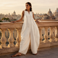 Női ujjatlan, V-nyakú, széles szárú jumpsuit zsebekkel