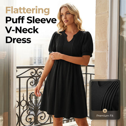 👗 Női elegáns puffos ujjú V-nyakú ruha