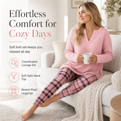 Női kötött felső és kockás leggings szett