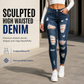 Női magas derekú szakadt skinny farmernadrág koptatott sztreccs denim nadrág