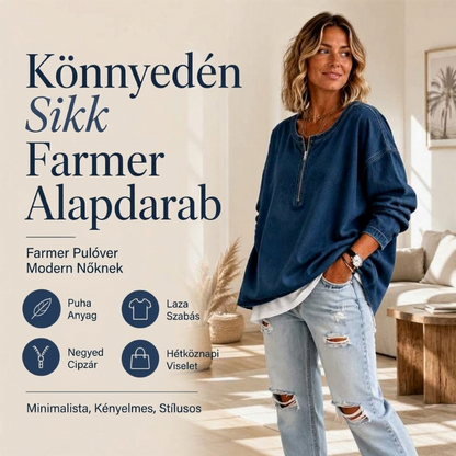 Női hosszú ujjú, félcipzáros farmer pulóver