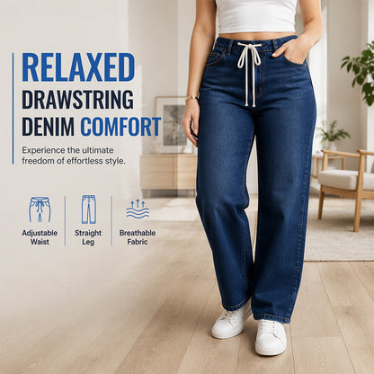 👖 Állítható derék, előnyös széles szárú esés | Női húzózsinóros farmernadrág
